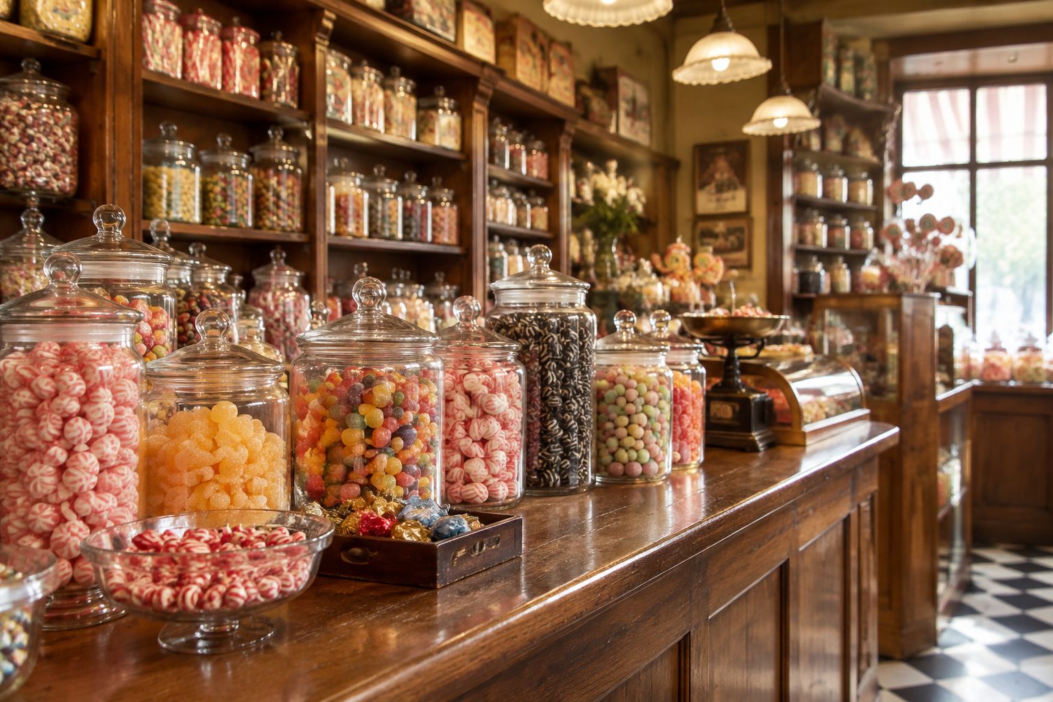 Inside Dollies Sweet Shop — glass jars of traditional sweets