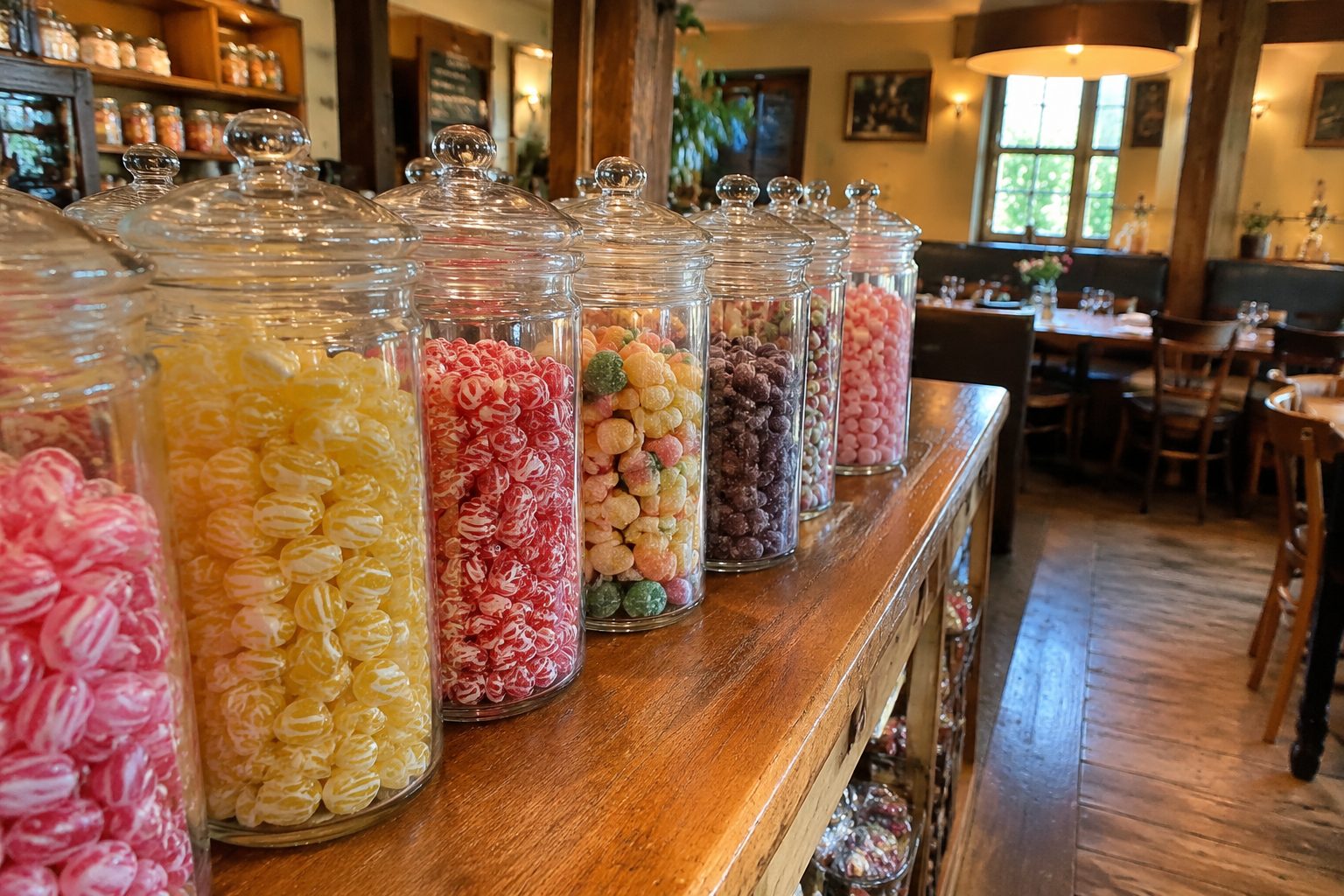 Glass jars of traditional sweets, ready for weighing
