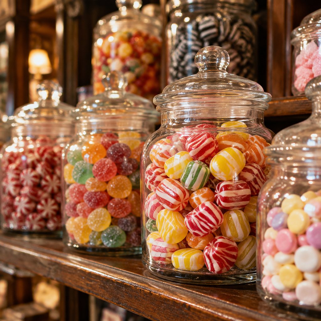 Close-up of traditional sweet jars